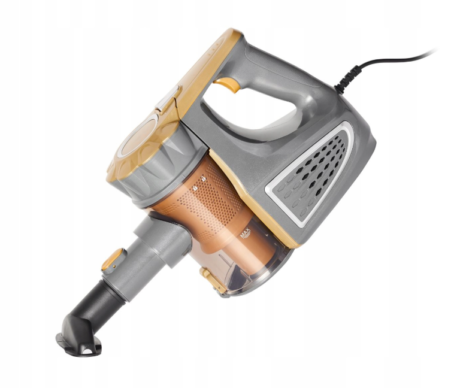 cordless stick vacuum cleaner in gold and grey color, side and front view, long handle, modern design