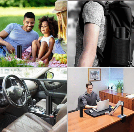 Black thermal bottle with LED display shown in various everyday situations: at a family picnic outdoors, in a side pocket of a backpack, in a car cup holder, and on an office desk. A universal product—ideal for travel, work, or leisure activities.