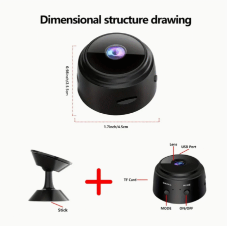 Black mini WiFi camera with size details: 4.5 cm width and 2.5 cm height. Image highlights main features such as lens, USB port, ON/OFF button, mode button, and TF card slot. Next to it, a magnetic mounting stick is shown for easy installation.