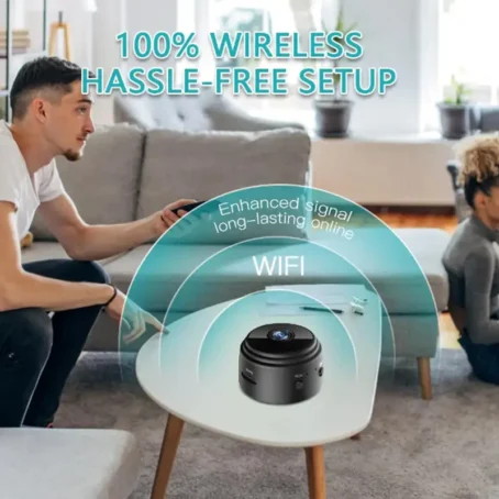 A man sits in the living room operating a wireless device placed on the coffee table, which connects to WiFi. The image highlights the easy, hassle-free setup and enhanced, stable WiFi signal for long-lasting online connectivity at home.