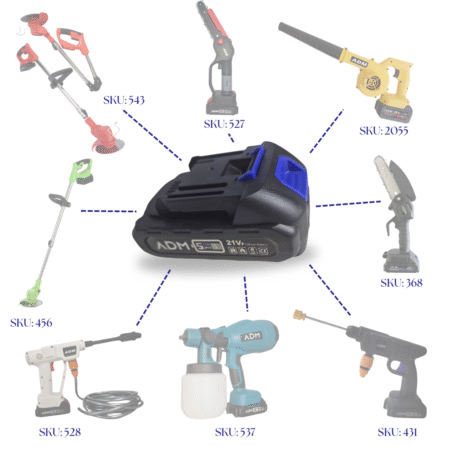 A centrally positioned ADM 21V lithium battery surrounded by illustrations of various gardening and workshop tools that are compatible with this battery (grass trimmer, chainsaw, blower, sprayer, paint gun, drill, etc.).