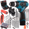 Complete ADM tool kit featuring a cordless drill/driver, two batteries, various drill bits, screwdriver bits, flashlight, utility knife, wrench, and other accessories, all packed in a handy carrying case.