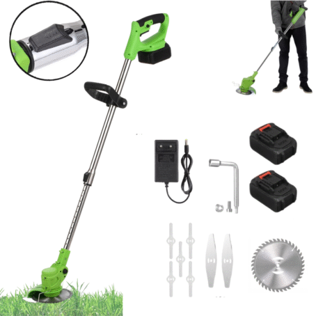 Photo of a green cordless grass trimmer with a set of accessories: two batteries, charger, wrench, plastic blades, metal blades, and a cutting disc. A person is shown using the trimmer in the garden.
