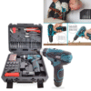 ADM tool kit in a case containing a cordless screwdriver, various bits, drill heads, pliers, utility knife, and accessories. The images show the screwdriver in use for assembly work and screwing tasks.