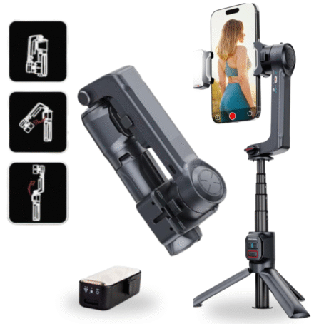 Modern black foldable smartphone gimbal and tripod. The image shows various folding options and phone mounting in vertical mode. Includes a remote control and battery. Perfect for video recording, selfies, and live streaming.