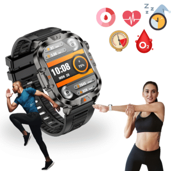 A rugged fitness smartwatch with a large display showing time, battery level, steps, calories, and distance. Surrounded by icons for blood pressure, heart rate, sleep, blood oxygen, and hydration monitoring, as well as active athletes. Ideal for tracking health metrics and sports activities.