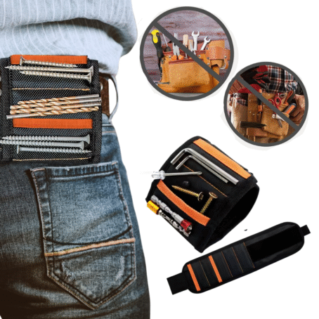 A magnetic wristband attached to a belt, holding screws, drill bits, and other metal fasteners. On the right side, comparison graphics show traditional tool pouches and the caption: "Hands free when make work more efficient and organized." The product is designed for DIY enthusiasts, fitters, and professionals for convenient storage of small metal items during work.