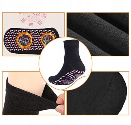 A pair of self-heating thermal socks shown with glowing heat effect, surrounded by images of people enjoying winter activities, camping, and hiking, as well as an illustration of foot pain relief. Perfect for keeping feet warm in cold weather and soothing sore feet.