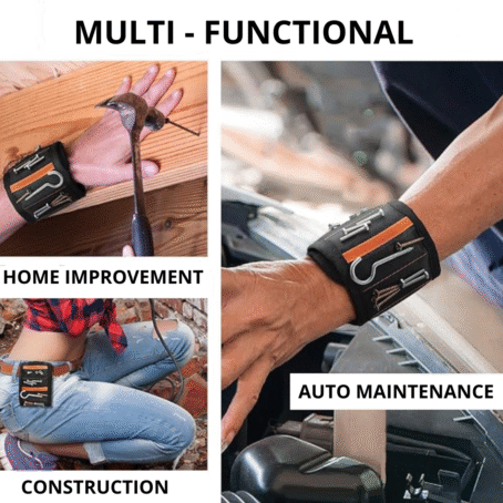 The image shows a magnetic tool wristband worn on the wrist and belt during home improvement, construction, and auto maintenance tasks. The wristband holds screws, nails, bits, and other small metal parts. Captions include: "Multi-functional", "Home improvement", "Auto maintenance", "Construction". The wristband helps keep small items organized and within reach during various tasks.