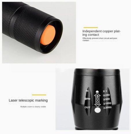 Flashlight has laser telescopic marking and independent copper plating contact