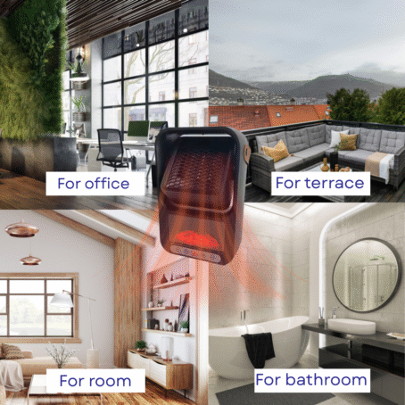 Portable electric heater with flame effect shown in different environments: office, terrace, room, and bathroom, with labels highlighting use in each location.