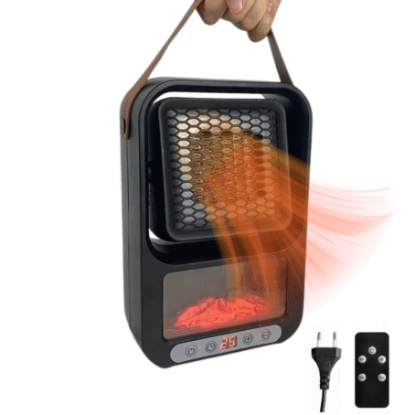 Portable electric heater with handle, LED flame effect display, visible warm air flow, remote control, and plug.