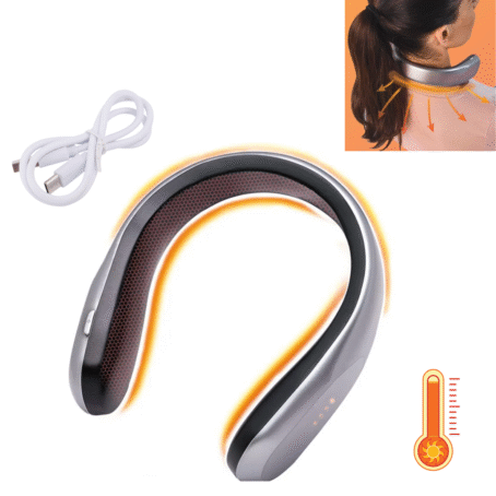 Cordless heated neck massager in a band shape, shown with a USB charging cable. The image shows a woman using the massager on her neck and a thermometer icon indicating the heating function.