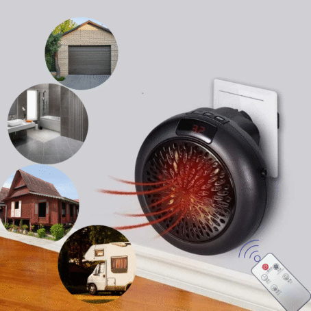 Black electric heater plugged into a wall socket, blowing warm air, with a remote control. Around it are images of a bathroom, garage, wooden house, and camper, illustrating the product’s versatile uses.