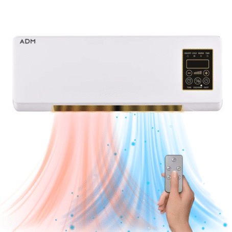 Electric wall-mounted fan heater and cooler ADM, showing hot and cool air flow, operated by a wireless remote control.