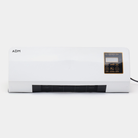 A modern wall-mounted ADM electric fan heater with a digital control panel for temperature and timer settings.