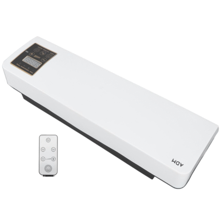 A modern wall-mounted ADM electric fan heater with a digital control panel for temperature and timer settings.