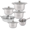 A set of shiny stainless steel cookware, including various pots and pans, displayed together.