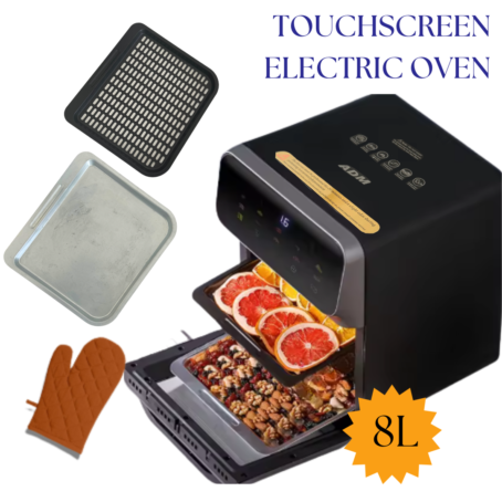 modern electric oven with touch screen (brand adm), shown with the door open and two baking trays inside filled with grapefruit slices and roasted nuts. the oven has an 8l capacity. also displayed are included accessories: a metal baking tray, an air fryer-style mesh tray, and a heat-resistant oven mitt. polish text at the top reads “piekarnik elektryczny posiada ekran dotykowy” (electric oven with touch screen).