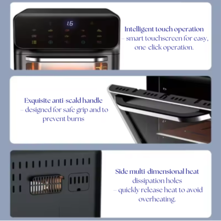 Close-up views of a modern electric oven with key features highlighted: a smart digital touch screen on the top panel, an anti-scald handle designed for safe use, and multi-dimensional side heat dissipation vents that prevent overheating.