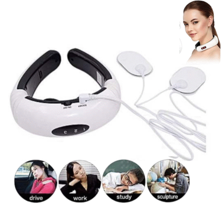 Electric neck massager with additional electrode pads for pain relief, shown in use by a woman and suitable for driving, work, study, and relaxation