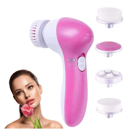 Pink and white electric facial cleansing brush with four interchangeable heads (including brush, massager, pumice, and sponge). A woman with flawless skin holds a flower near her face.