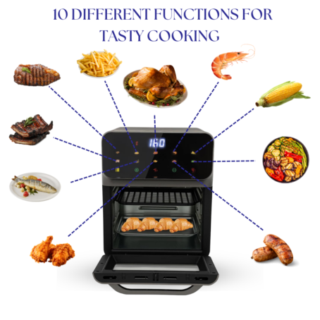 Electric oven with 10 illustrated cooking functions surrounding it, including icons and images of food like chicken, fish, shrimp, sausage, steak, fries, corn, grilled vegetables, pastries, and fried chicken. The oven display shows a temperature of 160°C, with croissants baking inside.