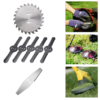 A collage featuring a lawn mower, lawn trimmer, and saw arranged together on a neutral background.