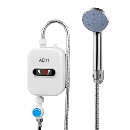 A modern ADM electric water heater with a digital temperature display showing "50", connected to a flexible stainless steel hose and a sleek, chrome-finished handheld showerhead with multiple spray nozzles. A blue water pressure control dial is attached at the bottom, allowing for adjustable flow settings. The compact white heater unit has a minimalist design suitable for bathrooms or kitchens.
