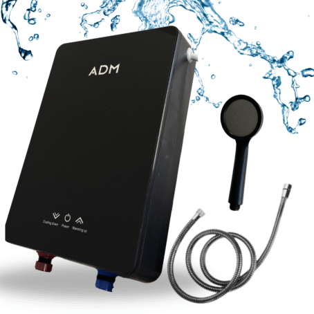 Modern black ADM flow water heater for instant hot water, including a complete shower set — perfect for bathrooms and kitchens.