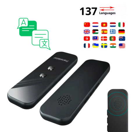 The image shows a black electronic translator device with two buttons. Nearby, there is a graphic with country flags and text indicating support for 137 languages. Speech bubble icons represent real-time voice translation. This device is ideal for travel, business, and language learning.