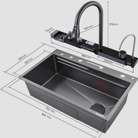Modern ADM stainless steel kitchen sink with black faucet, shown with detailed dimensions and additional installation components.