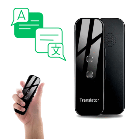The image features a modern black electronic translator device with two buttons and the word "Translator" on its front. On the left, a hand is holding the device, while above, green icons represent conversation and language translation. Perfect for communication during travel, business, or everyday use.