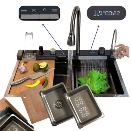 Modern kitchen sink with electronic touch control panel, temperature and timer display, cutting boards, and metal trays for washing and draining food; water flowing from two different taps