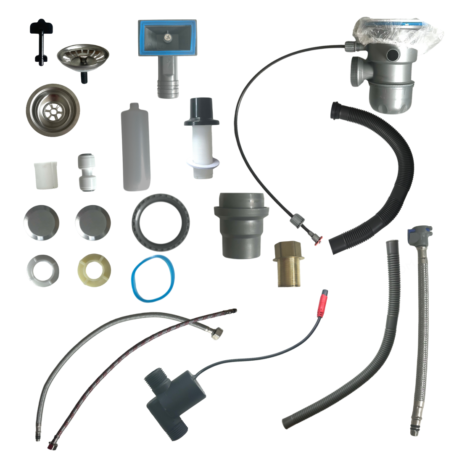 Complete set of installation parts and accessories for ADM kitchen sink, including siphon, connection hoses, seals, stoppers, caps, and other plumbing components shown on a white background.