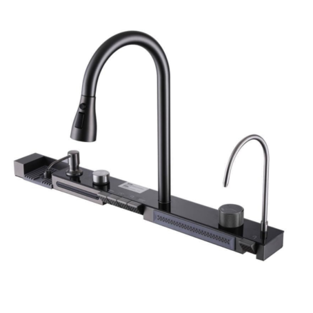 Black, multifunctional ADM kitchen faucet with a tall spout, separate filtered water tap, and integrated control panel with buttons, shown on a white background