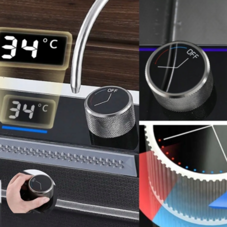 Close-up of a metal knob for adjusting water temperature in a modern kitchen sink with digital temperature display