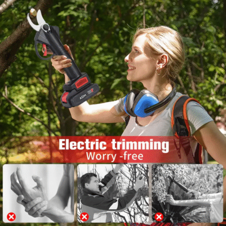 A woman uses an electric branch pruner while working in the garden. The device makes tree and shrub trimming easy, removing hand pain and common problems associated with manual pruning shears.