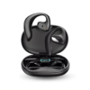 Black wireless sports earphones with ear hooks, placed in a charging case featuring an LED display showing the battery level.
