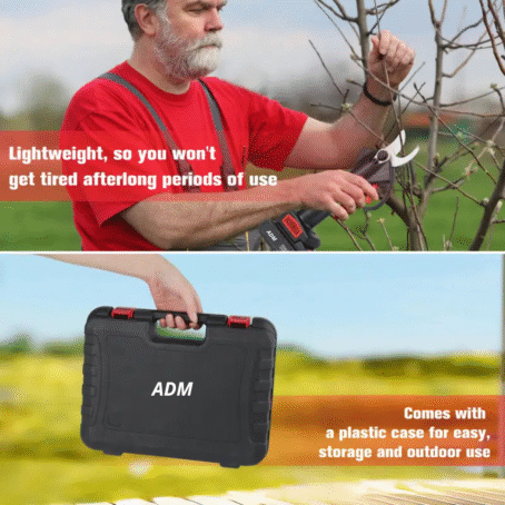 A man trims tree branches using the lightweight ADM electric pruner, designed to prevent fatigue even during long use. The set includes a plastic case for easy storage and outdoor use.