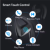 The graphic shows a black earphone with smart touch control functions. Around the earphone, icons illustrate touch capabilities: answer and hang up calls, adjust volume, previous/next track, play/pause, and activate voice assistant. A fingerprint symbol is visible in the center.