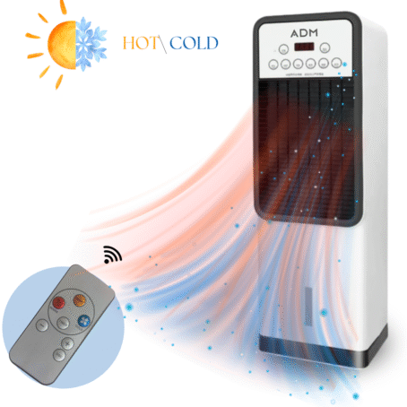 ADM portable air conditioner featuring both hot and cold airflow, shown with a remote control and colorful airflow illustration.