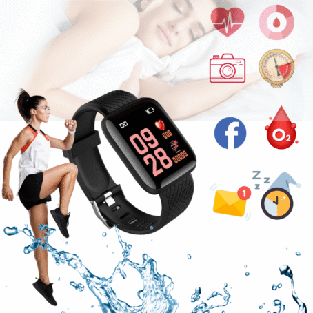 Black fitness smartband with a colorful display showing time, heart rate, and steps. Background includes icons for heart rate, blood pressure, sleep monitoring, blood oxygen, notifications, camera, waterproof design, and sports activity. A woman is seen exercising, and a water splash highlights the device’s waterproof feature.
