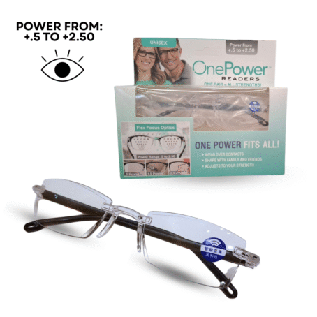 One Power Readers reading glasses with clear lenses, packaging displaying "One power fits all!" and power range from +0.5 to +2.5. The packaging shows a couple and lens examples for different strengths.