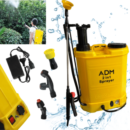 16L yellow battery sprayer set including battery, charger, various lance nozzles, and sealing rings.