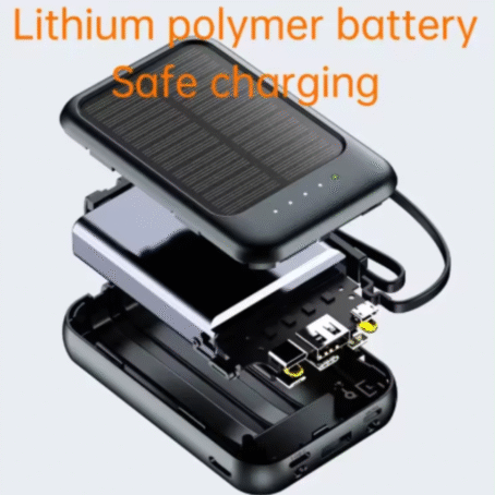 An exploded view of a solar power bank shows its lithium-polymer battery and electronic components. At the top, there is an orange banner with the text “Lithium-Polymer Battery” and another banner with “Safe Charging.”
