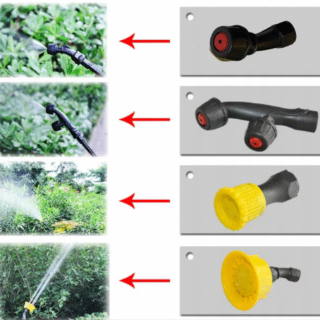 Set of different garden sprayer nozzles showing various spray patterns for watering plants and bushes