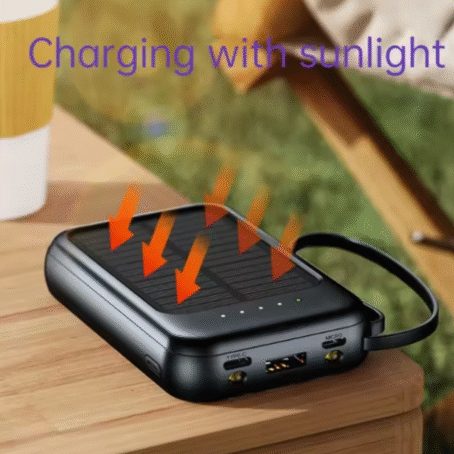 A solar power bank is placed on an outdoor table, being charged by sunlight indicated by red arrows pointing at the solar panel. In the background, there is green grass and a cup. The text “Charging with sunlight” appears at the top.