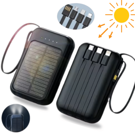 Modern solar power bank featuring a solar panel for sunlight charging, three built-in cables for various devices, and an LED flashlight function.