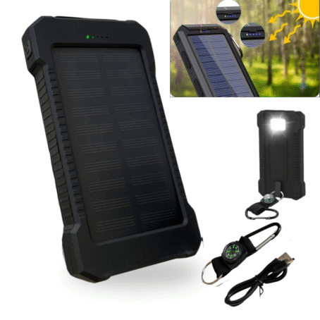 Black solar power bank with built-in LED flashlight, compass, USB cable, and solar charging in nature, ideal for outdoor use